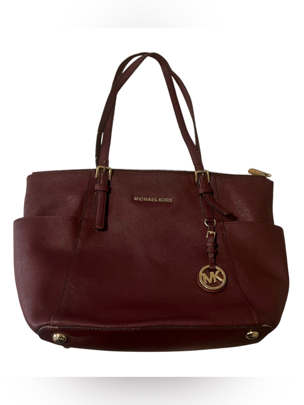 Michael Kors Jet Set Tote Merlot Leather with Gold Logo Charm